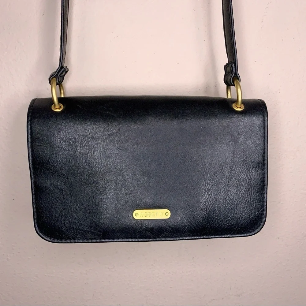 Rosetti Black Faux Leather Crossbody Purse Gold Hardware Travel Classic